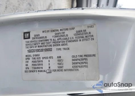 2003 Chevrolet S-10 Ls из США, поврежденный, VIN 1GCCS19X538199002